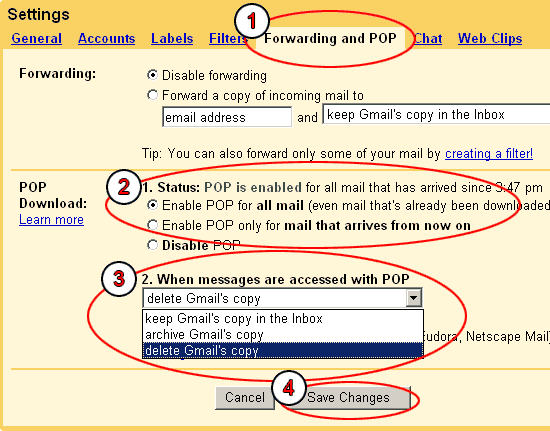 gmail forwarding and pop settings