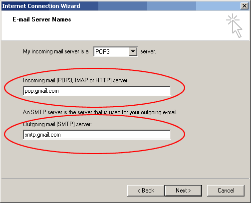 wizard enter pop3 and smtp server