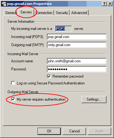 gmail server properties and authentication