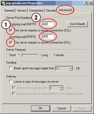 gmail smtp and pop3 port settings