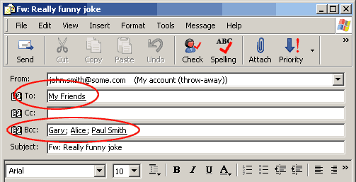 using to and bcc fields in message compose window